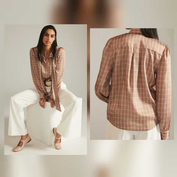 Mare Mare X Anthropologie Plaid Tie Collar Blouse Size M - Picture 3 of 6